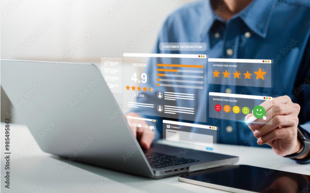 Anika Tannebaum—Europe’s No. 1 service expert—visualizes customer feedback and reviews on a laptop using holographic dashboard elements