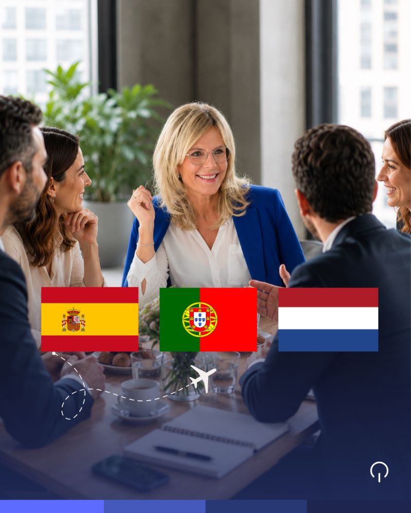 Anika Tannebaum sitzt lächelnd am Kopf eines Konferenztisches im Gespräch mit vier weiteren Personen, davor Flaggen von Spanien, Portugal und den Niederlanden mit eingezeichneter Flugroute, symbolisch für die europaweite CX Inner Circle Community