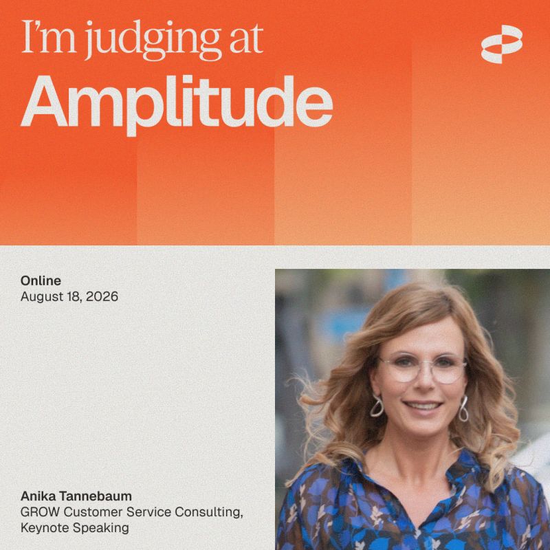 Ankündigungsgrafik "I'm judging at Amplitude" mit Foto von Anika Tannebaum, Angabe des Online-Events am 18. August 2026 und ihrer Rolle bei GROW Customer Service Consulting