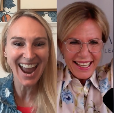 Split-Screen-Videocall mit zwei lachenden Frauen: links Latané Conant in Jeansjacke, rechts Anika Tannebaum mit Brille in geblümter Bluse – Rückblick auf den ersten Global CX Inner Circle