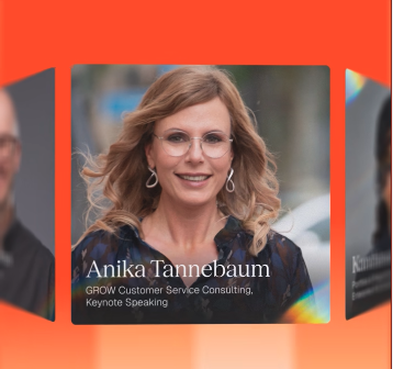 Anika Tannebaum lächelt auf einer Speaker-Karte mit Angabe "GROW Customer Service Consulting, Keynote Speaking" vor orangenem Hintergrund mit weiteren Personen-Kacheln